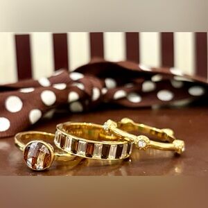 HENRI BENDEL Centennial Striped-Gold Tone Trio Stackable Set w/Brown Crystals